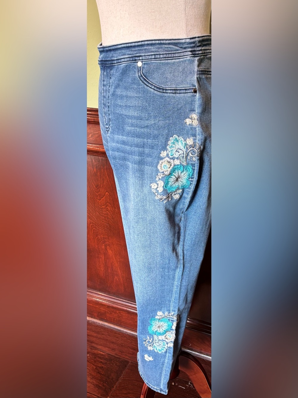 Chico's Blue Denim Embroidered Wide-Leg Jeans - Picture 2 of 4